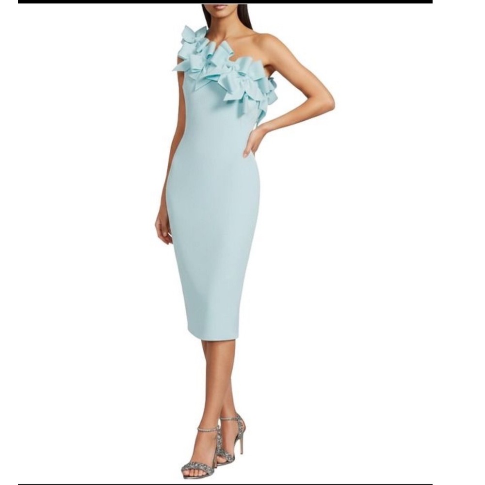 Belle Badgley Mischka Blue One Shoulder Bow Applique Midi Cocktail Dress 10